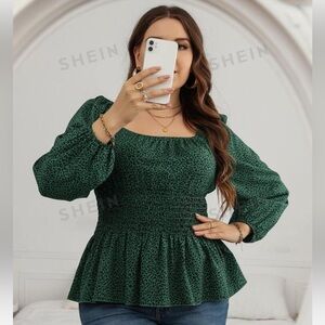NEW SHEIN Clasi Plus Curve Green Leopard Print Lantern Sleeve Peplum Blouse 2XL